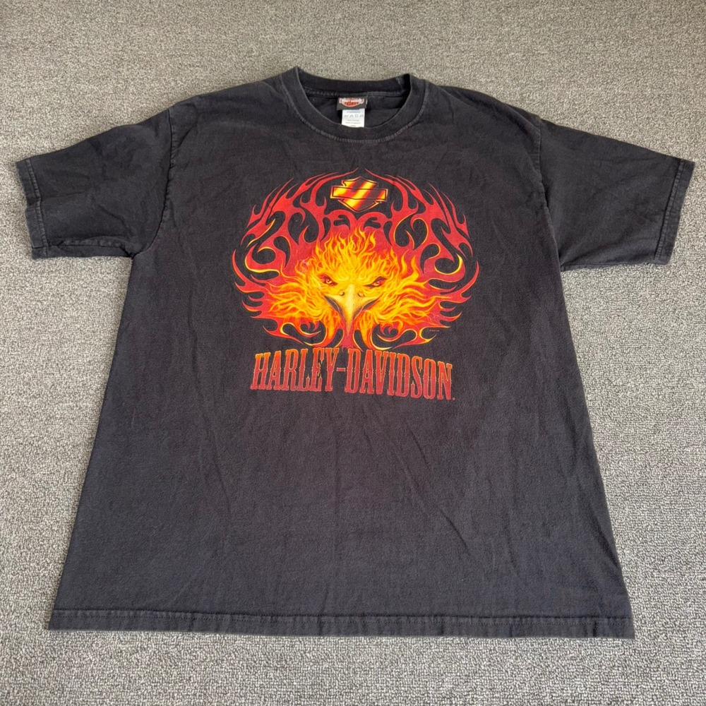 VTG Y2K Harley-Davidson T-Shirt Mens Large Black Flaming Phoenix Huntington 2005